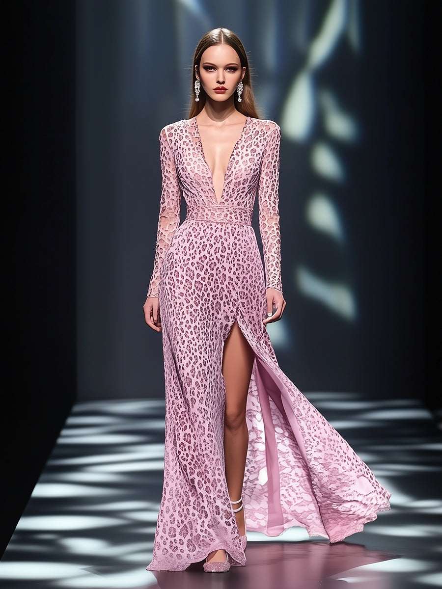Designer Pink Leopard Print V-neck Slit Maxi Dress