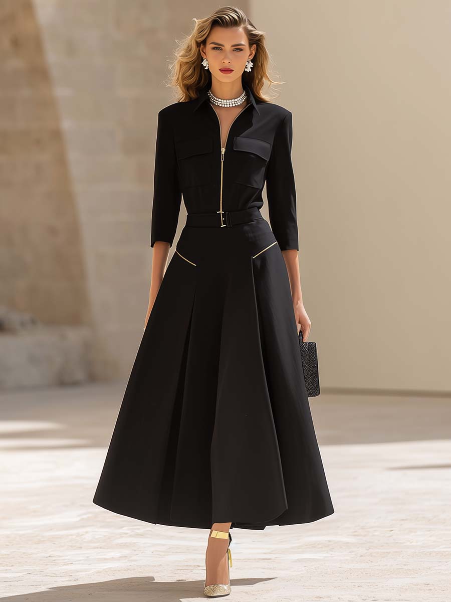 Fashion Classic V-neck Front Zipper Long Sleeve A-line Black Maxi Dress
