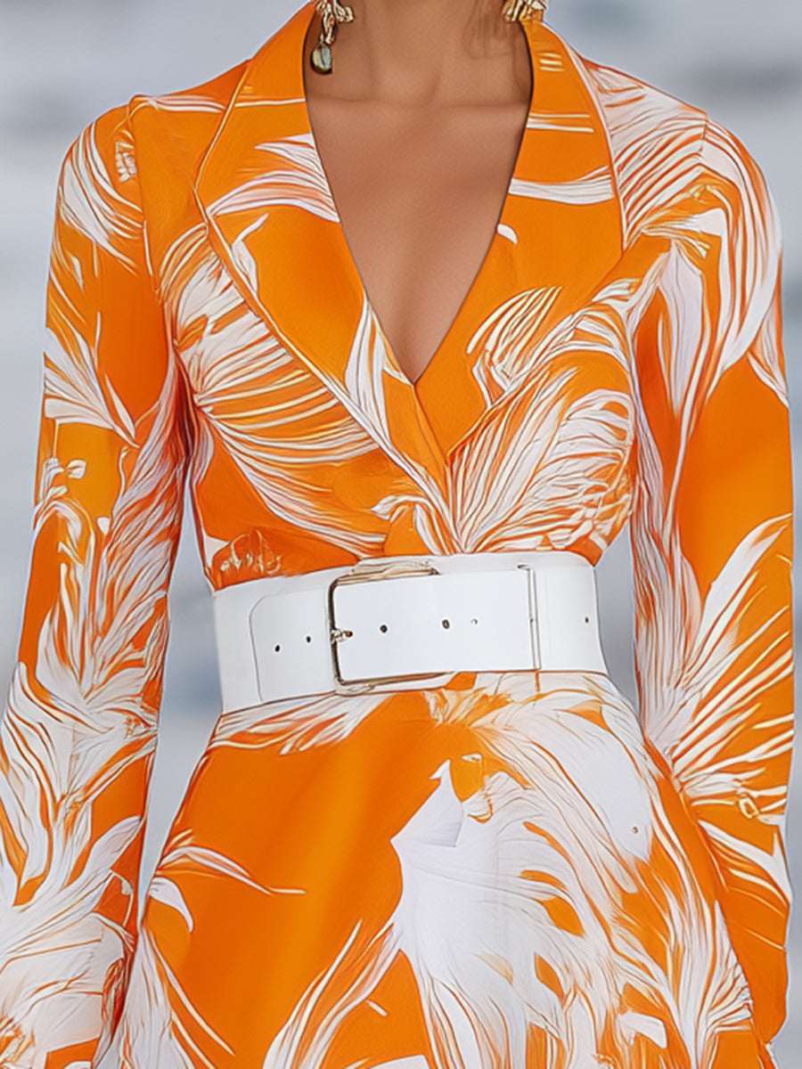 Designer Orange Feather Print Lapel Maxi Dress