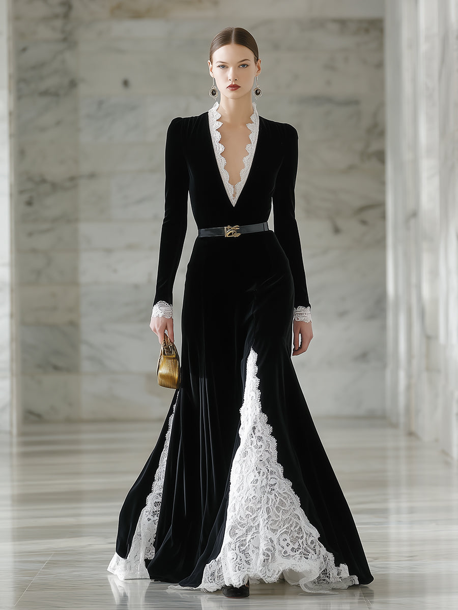 Elegant Black Velvet And Lace Maxi Dress