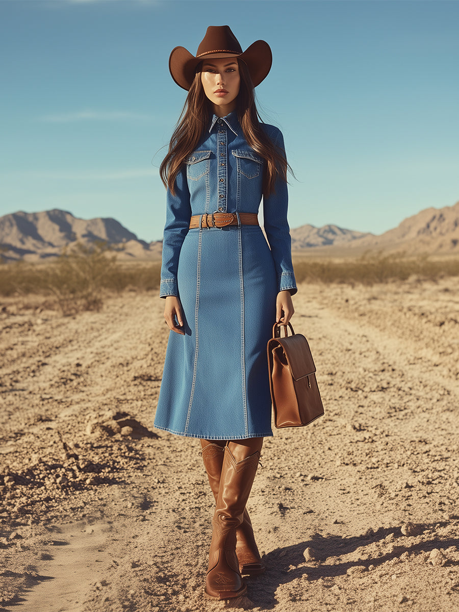 Fashion Denim Blue Long-sleeved Button-down Hip-hugging Midi Dress