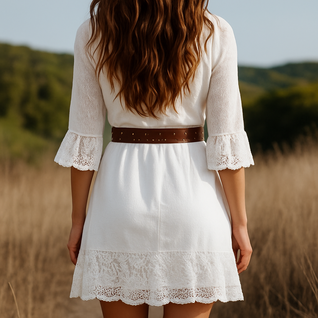 Vestido de lino blanco para mujer con escote en V, dobladillo de encaje y costuras, manga larga y encaje