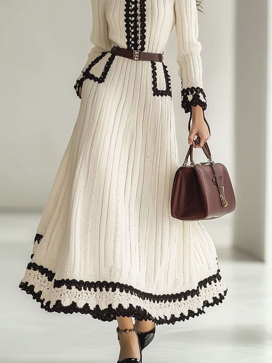【Envío en 24 horas】Vestido largo de manga larga con bloques de color y punto retro de moda