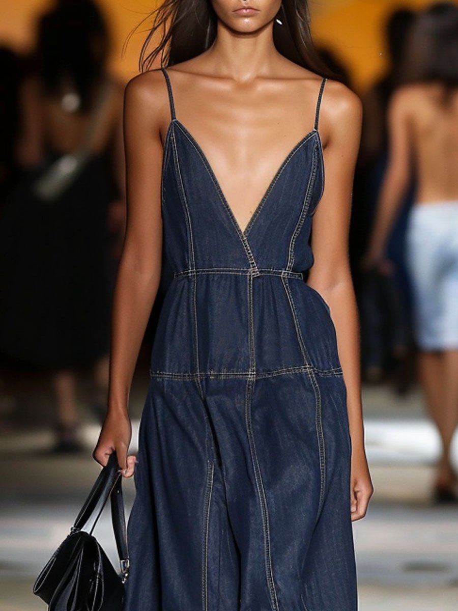 【24-hour shipping out】V-Neck Retro Contrast Color Horizontal Seam Sleeveless Denim Midi Dress