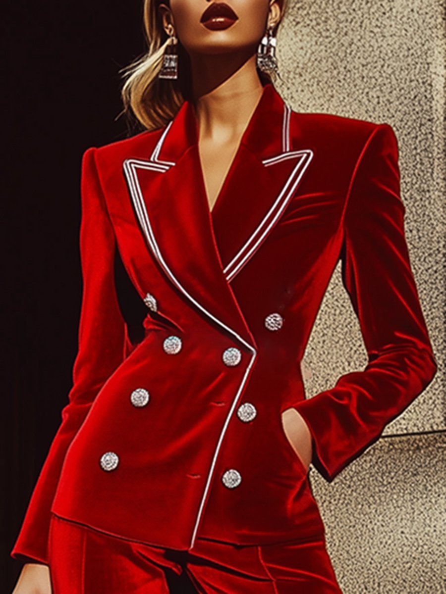 【24-hour shipping】High-End Fashion Red Velvet Suit With Silver Trim