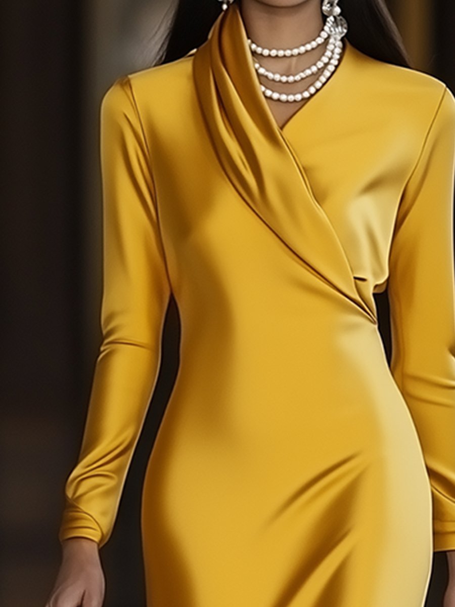 【Envío en 24 horas】Vestido midi de manga larga de satén dorado vintage de moda