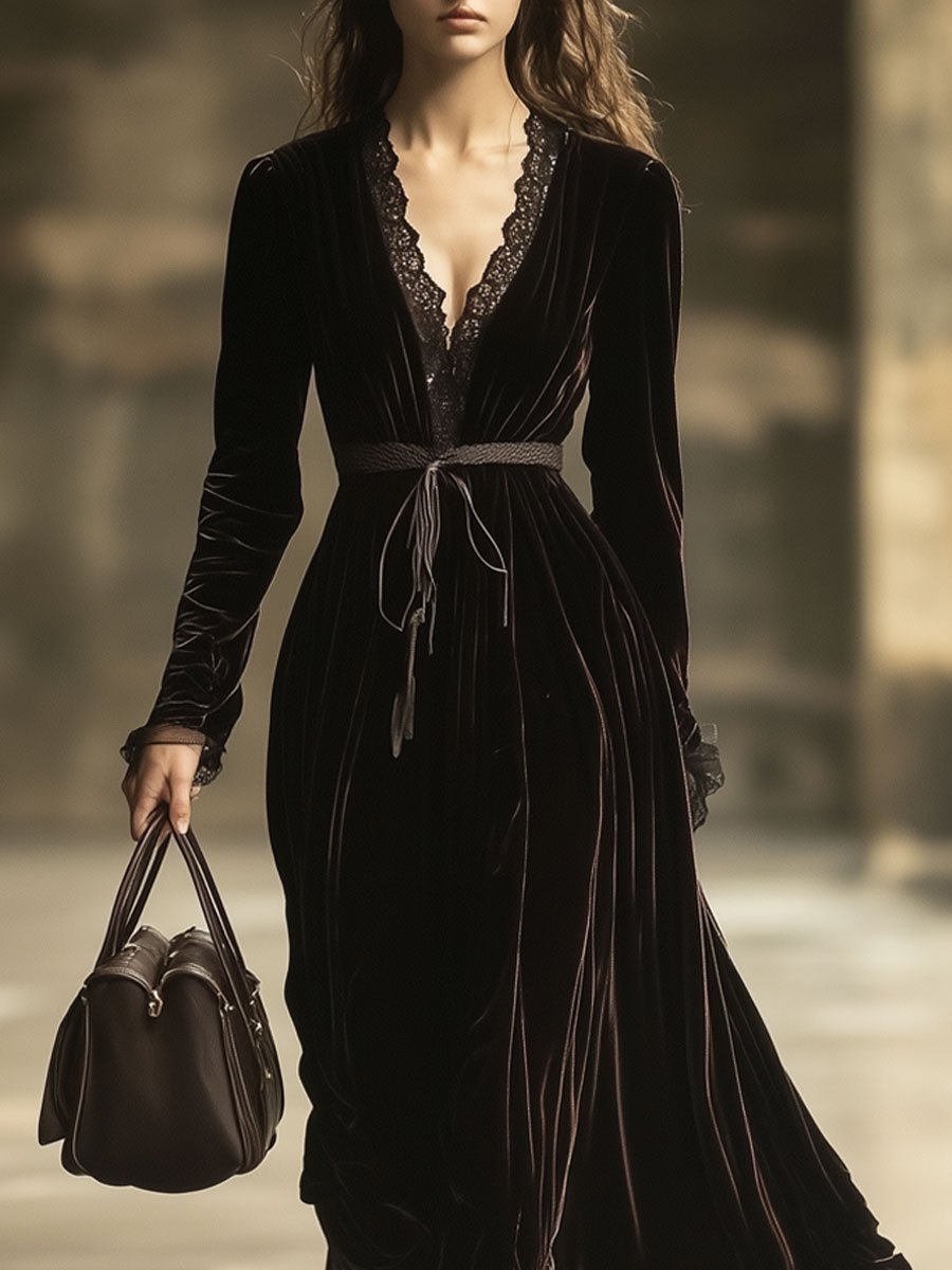【24-hour shipping out】V-Neck Lace Panel Solid Velvet Long-Sleeved Maxi Dress