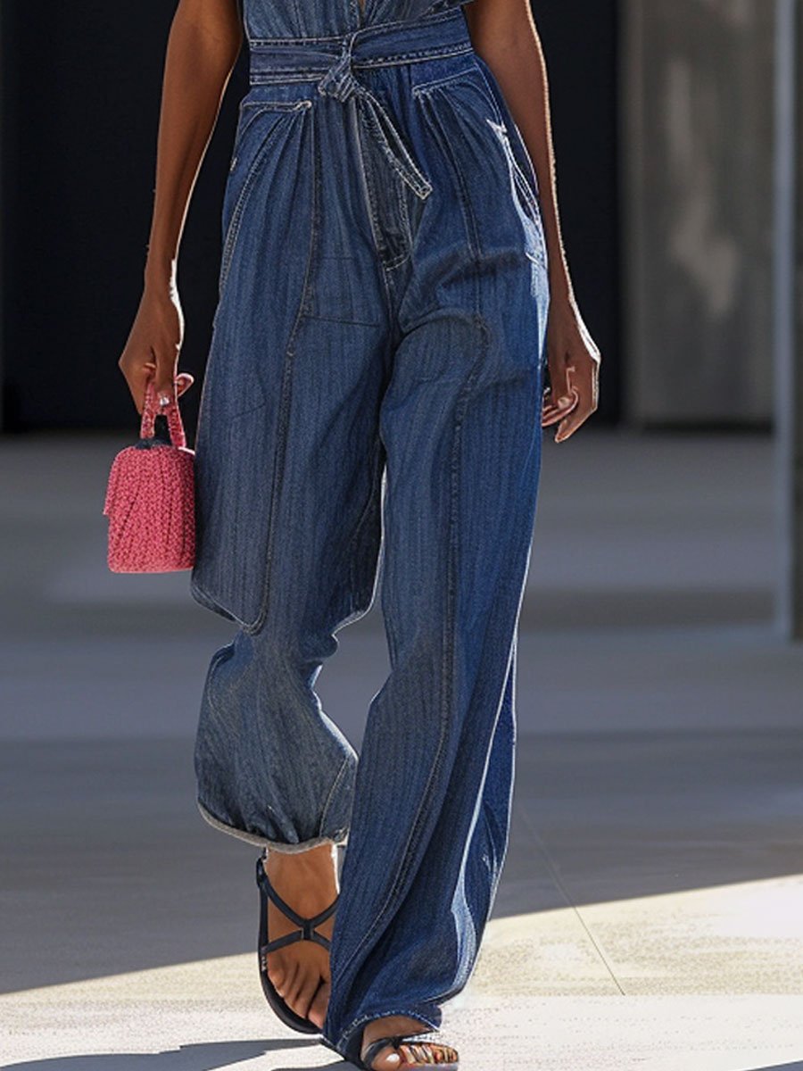 【24-hour shipping out】V-Neck Loose Casual Retro Pocket Lace-Up Denim Jumpsuit