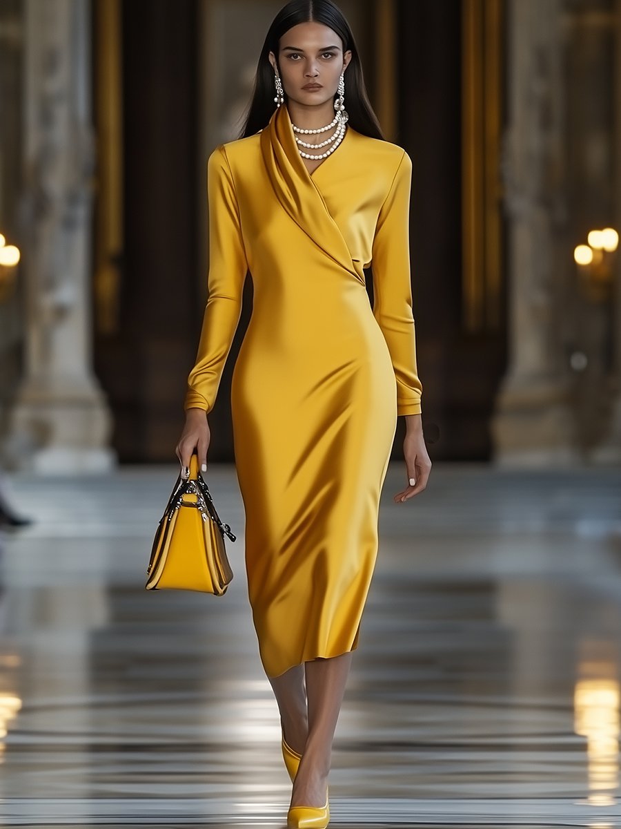 【Envío en 24 horas】Vestido midi de manga larga de satén dorado vintage de moda