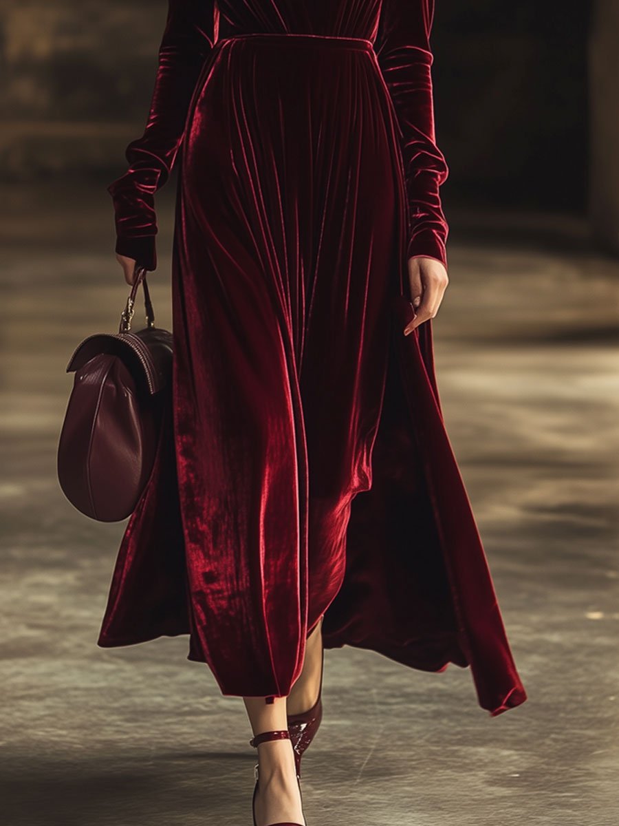 【24-hour shipping out】V-Neck Retro Solid Color Velvet Long-Sleeved Midi Dress