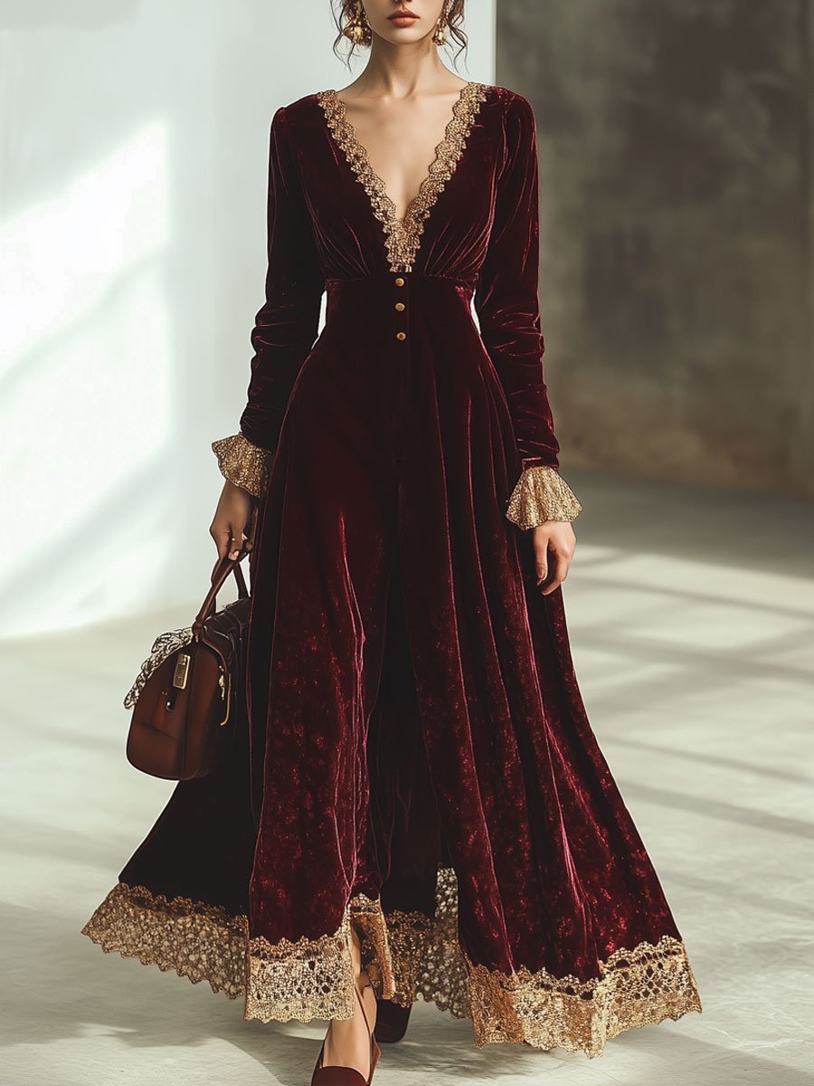 【24-hour shipping out】Vintage Ankola Red Velvet Lace V-neck Long Sleeve Maxi Dress