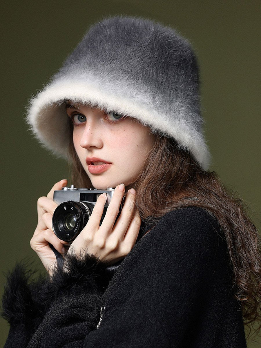 Gorro de pescador cálido de piel de conejo de peluche con degradado de moda de invierno