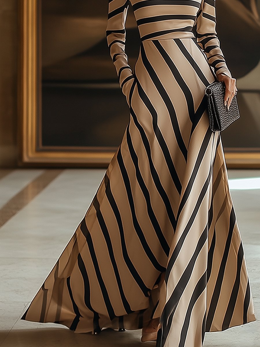 【Envío en 24 horas】Vestido largo caqui de manga larga con rayas finas de moda