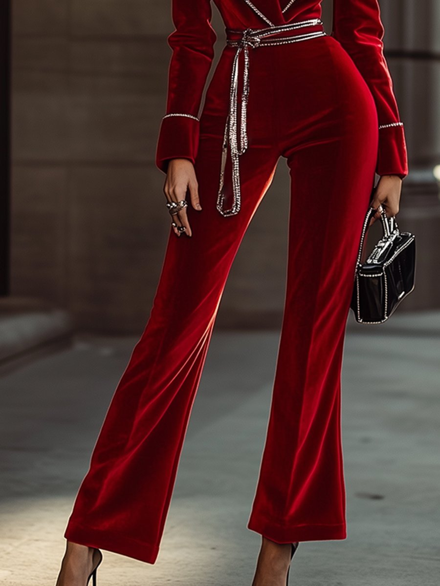 【Envío en 24 horas】Mono de terciopelo rojo de alta gama y moda con ribete plateado