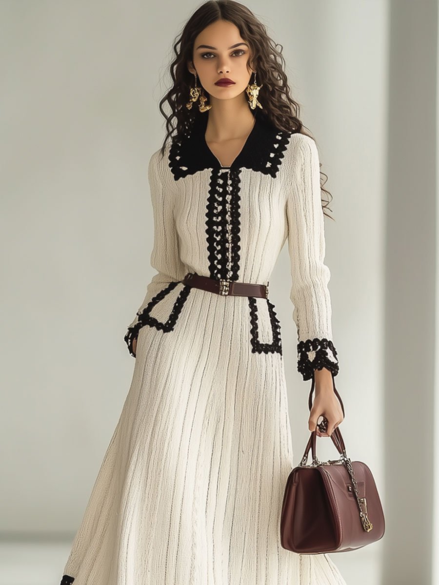 【Envío en 24 horas】Vestido largo de manga larga con bloques de color y punto retro de moda