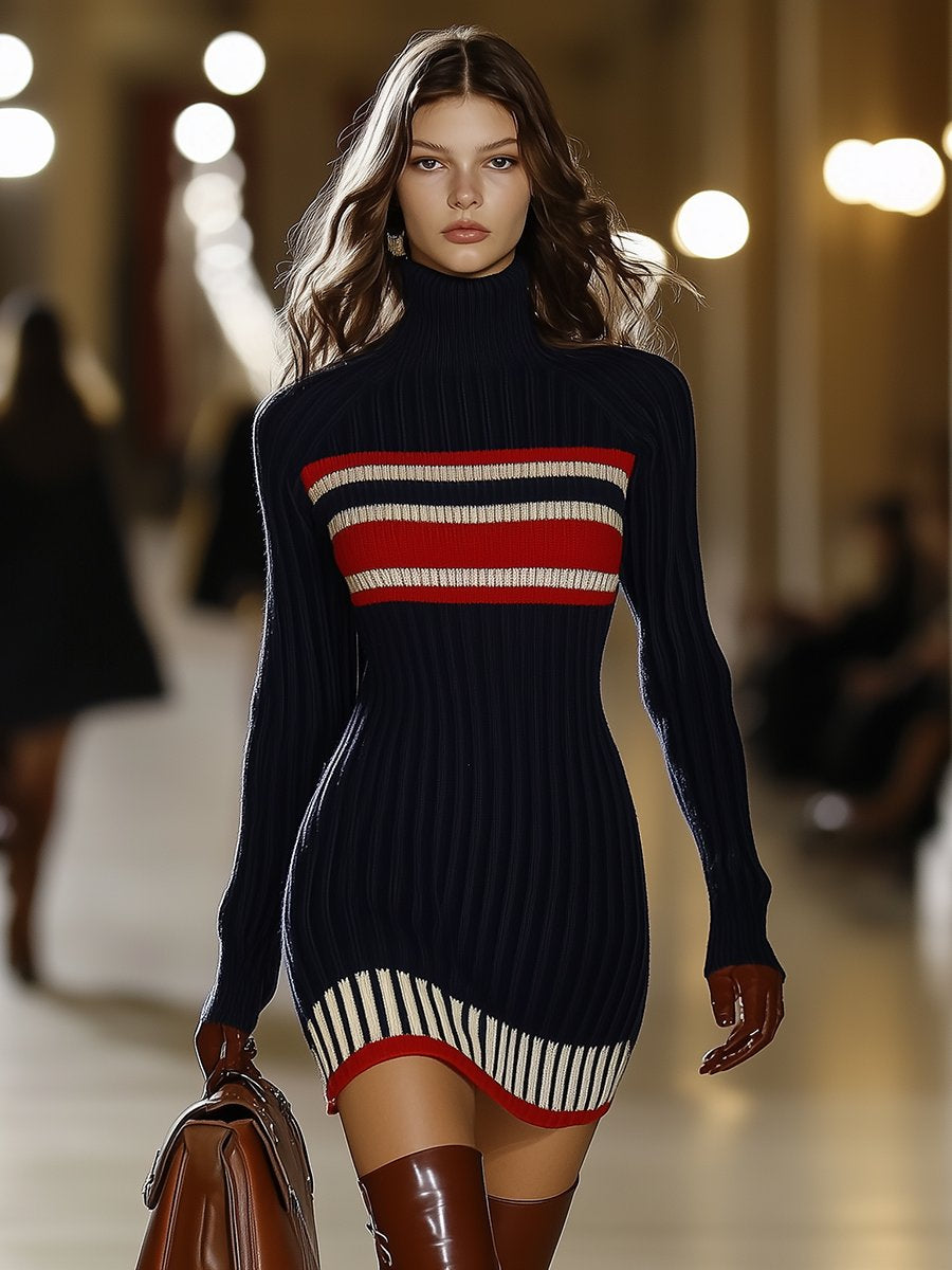 【24-hour shipping out】Retro French Elegant Fashionable High Collar Red And White Striped Dress