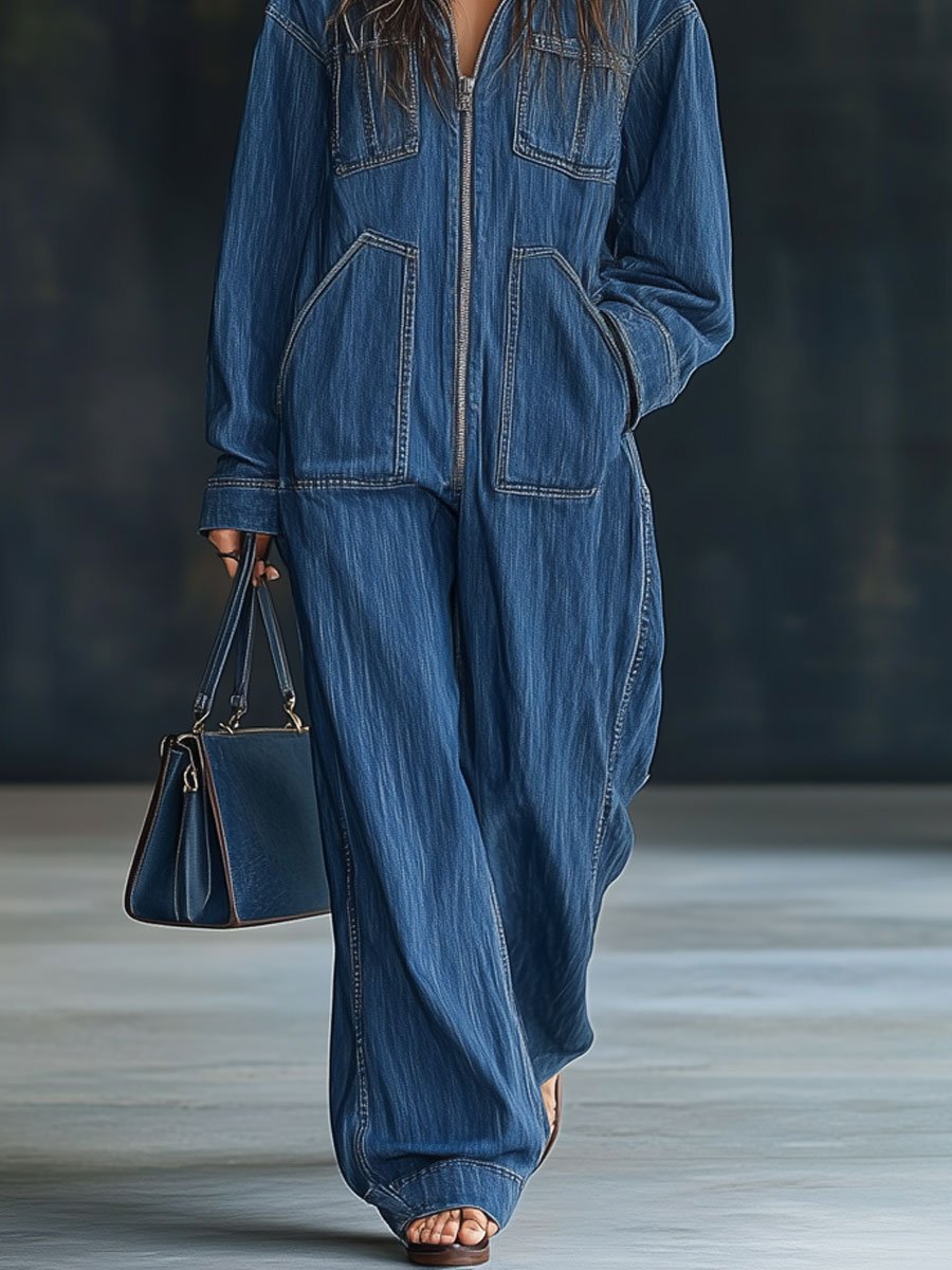 【24-hour shipping out】Casual Loose Retro Pocket Long Sleeve Hooded Zipper Denim Jumpsuit