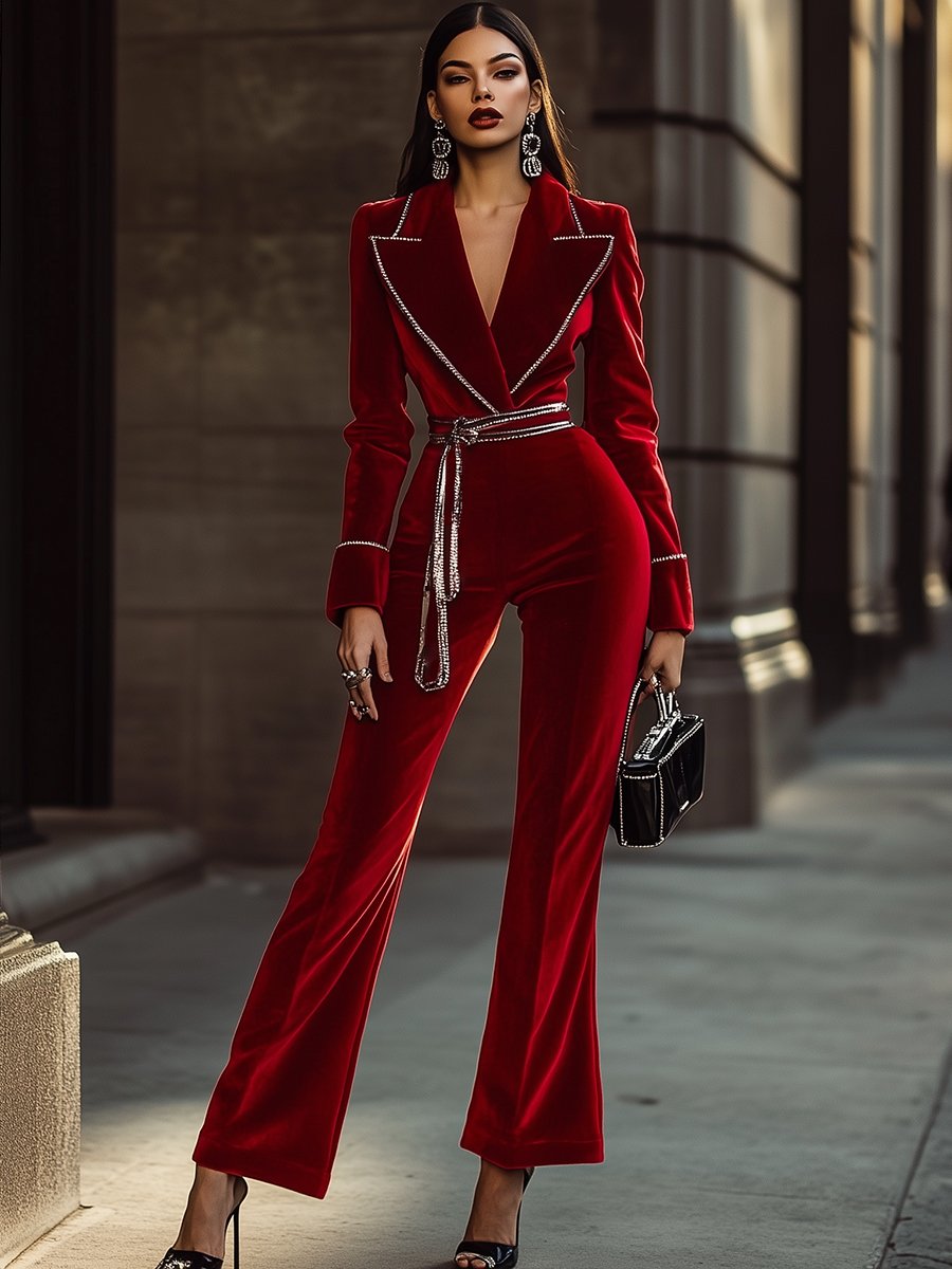 【Envío en 24 horas】Mono de terciopelo rojo de alta gama y moda con ribete plateado