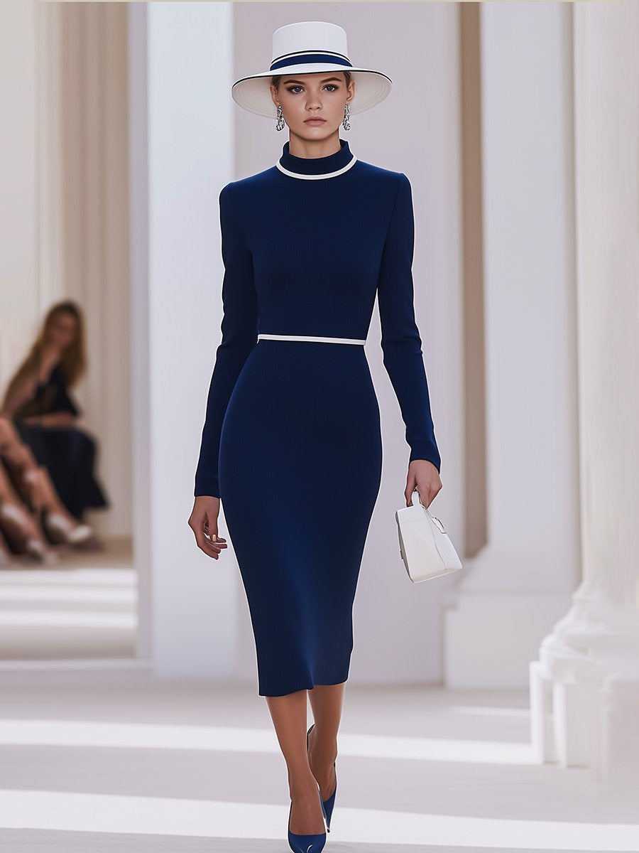 【Envío en 24 horas】Vestido midi elegante francés de cuello alto en contraste blanco