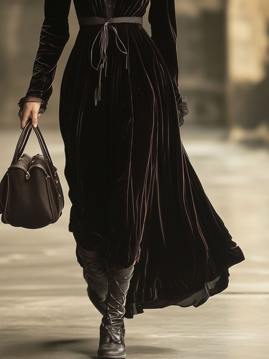 【24-hour shipping out】V-Neck Lace Panel Solid Velvet Long-Sleeved Maxi Dress