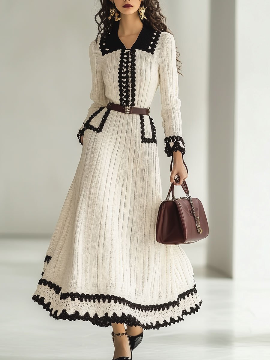 【Envío en 24 horas】Vestido largo de manga larga con bloques de color y punto retro de moda