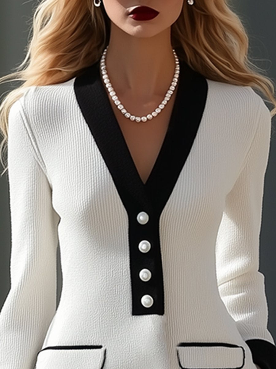 【Envío en 24 horas】Vestido midi de punto blanco con borde negro elegante y de alta gama