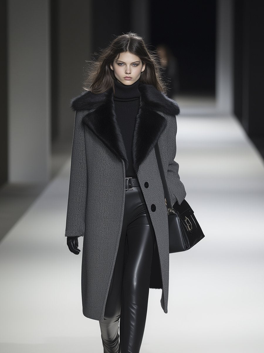【24-hour shipping out】Luxury Waterproof Mink Collar Long Herringbone Wool Coat