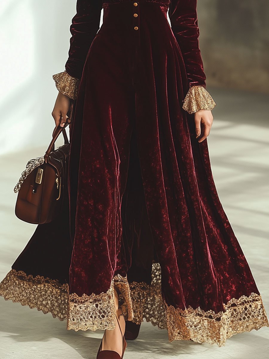 【24-hour shipping out】Vintage Ankola Red Velvet Lace V-neck Long Sleeve Maxi Dress