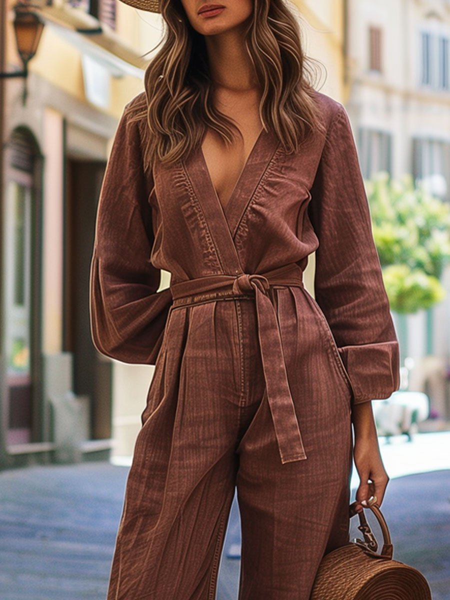 【24-hour shipping out】V-Neck Casual Retro Lace-Up Long-Sleeved Wide-Leg Denim Jumpsuit