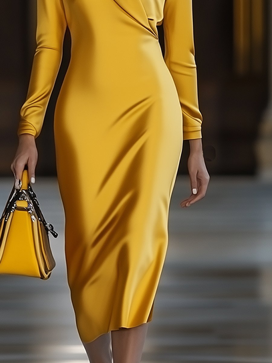 【Envío en 24 horas】Vestido midi de manga larga de satén dorado vintage de moda