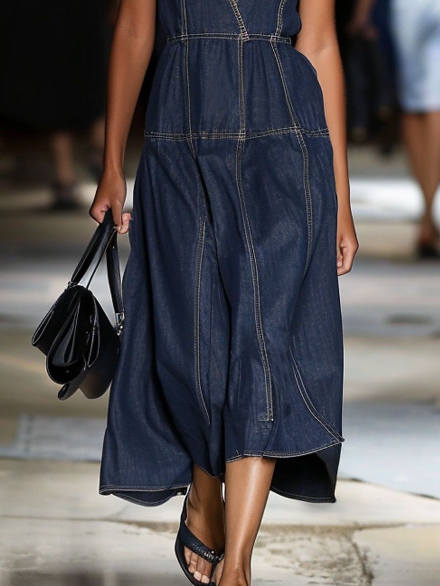 【24-hour shipping out】V-Neck Retro Contrast Color Horizontal Seam Sleeveless Denim Midi Dress