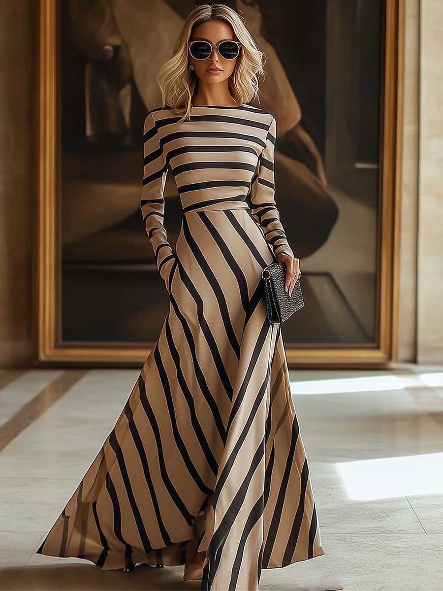 【Envío en 24 horas】Vestido largo caqui de manga larga con rayas finas de moda