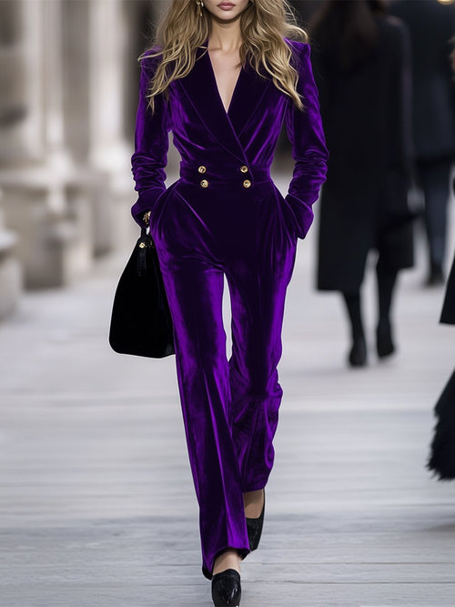 【24-hour shipping out】High-End Temperament Loose Retro Purple Velvet Jumpsuit