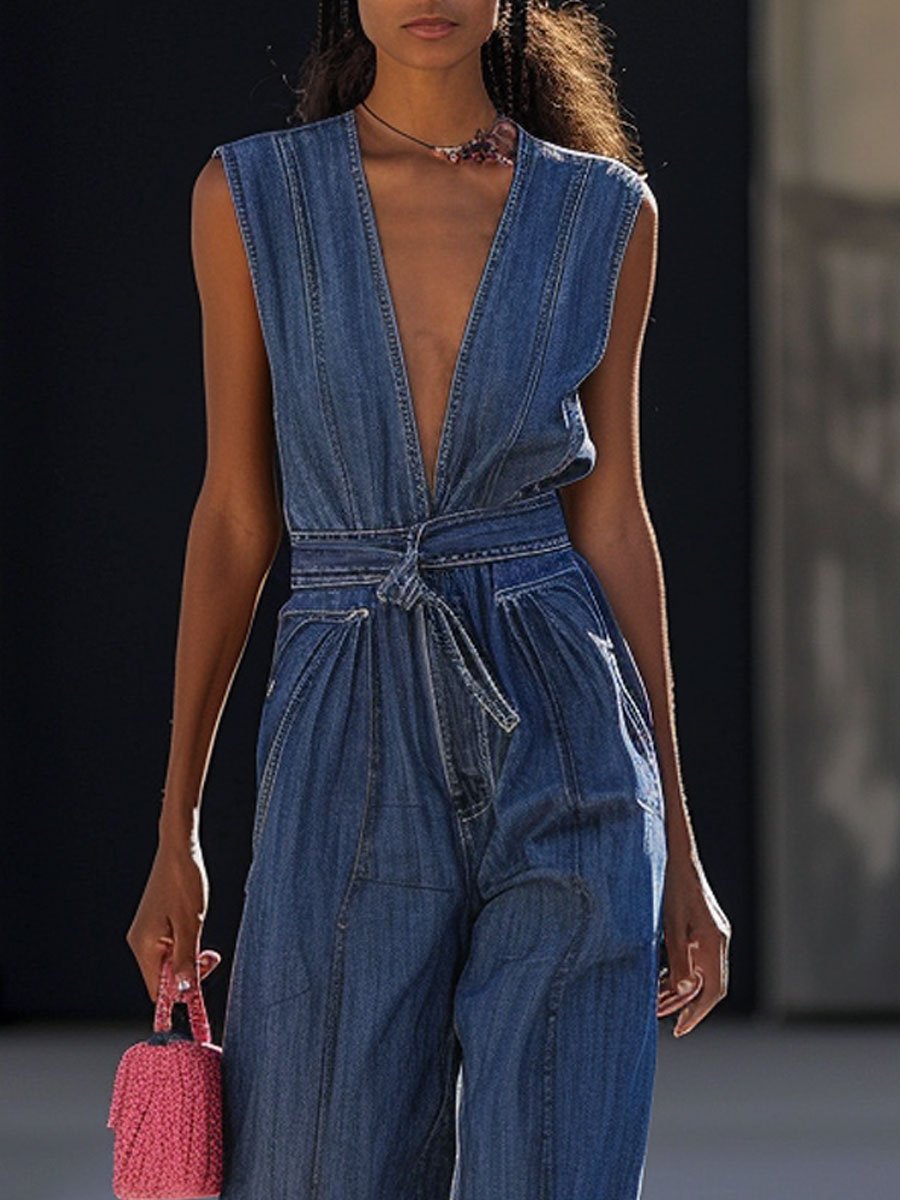 【24-hour shipping out】V-Neck Loose Casual Retro Pocket Lace-Up Denim Jumpsuit