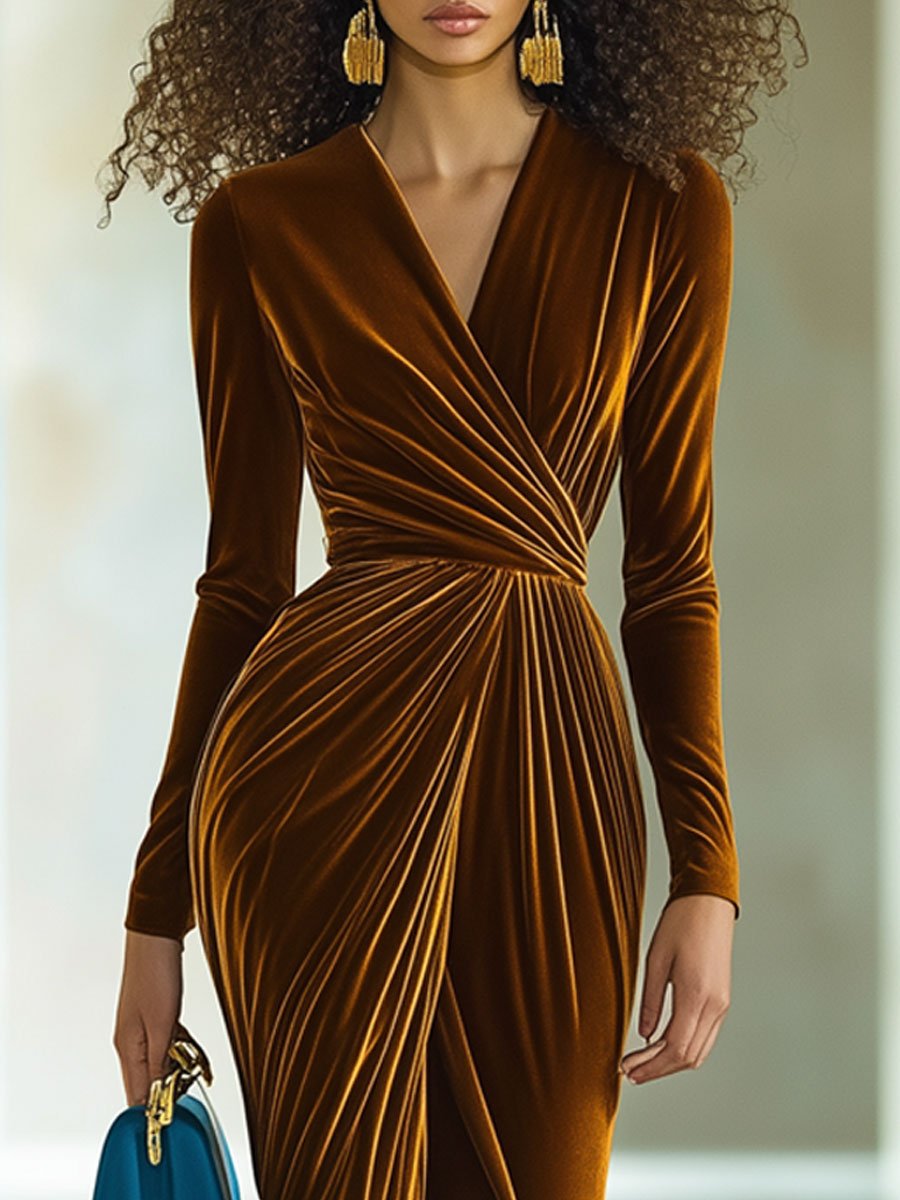 【Envío en 24 horas】Vestido largo de fiesta de manga larga con escote en V y abertura de terciopelo vintage de moda