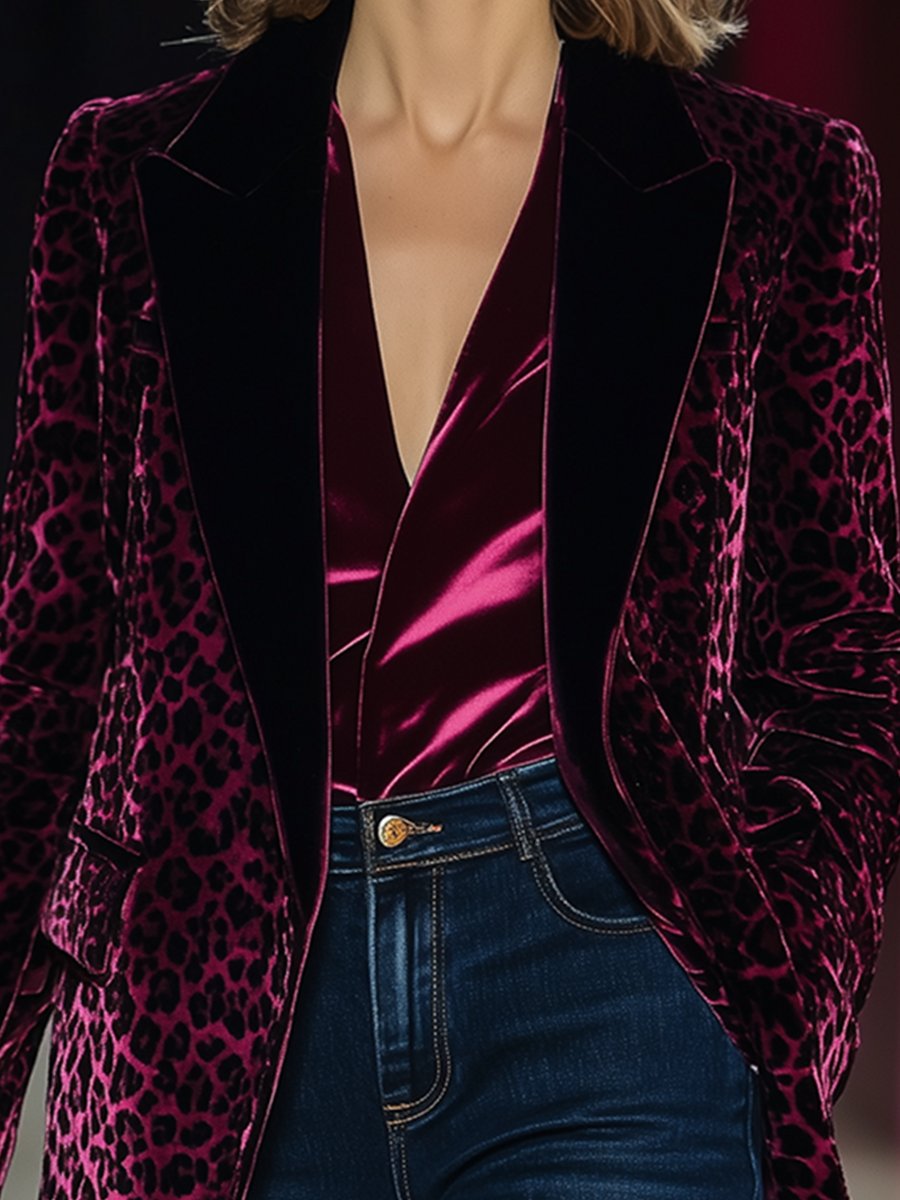【Envío en 24 horas】Blazer de solapa con estampado de leopardo y costuras de terciopelo de color sólido de lujo retro de moda