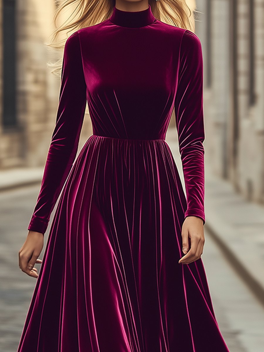 【24-hour shipping out】Retro Fashion High Collar Waist Velvet Maxi Dress