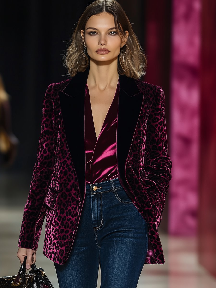 【Envío en 24 horas】Blazer de solapa con estampado de leopardo y costuras de terciopelo de color sólido de lujo retro de moda