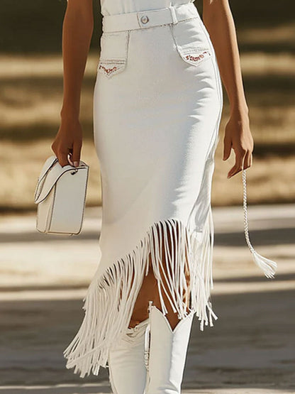 【24-hour shipping out】Vintage Red Embroidery White Denim Tassel Sleeveless Lace-Up Midi Dress