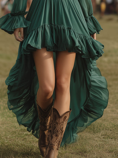 Elegant Western Style Ruffled Train Dark Green Chiffon Maxi Dress