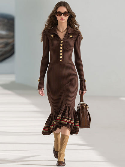Fashion Retro Cocoa Brown Knitted Fishtail Ruffle Midi Dress