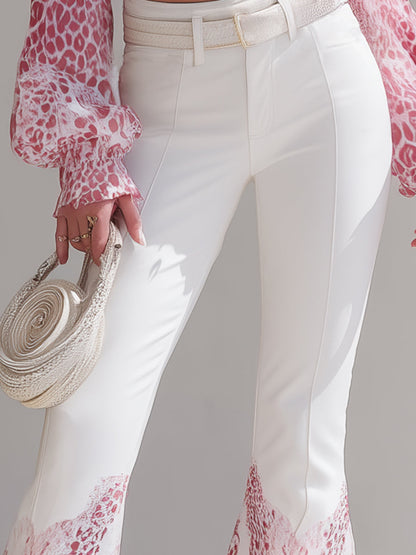 Designer White Hem With Pink Leopard Print Flared Pants