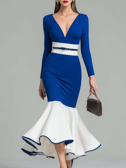 Elegant And Fashionable V-neck Long Sleeve Fishtail Hem Royal Blue And White Contrast Midi Dress
