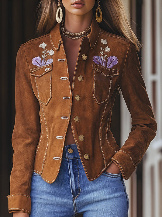 Designer Brown Suede Button Pocket Embroidered Jacket