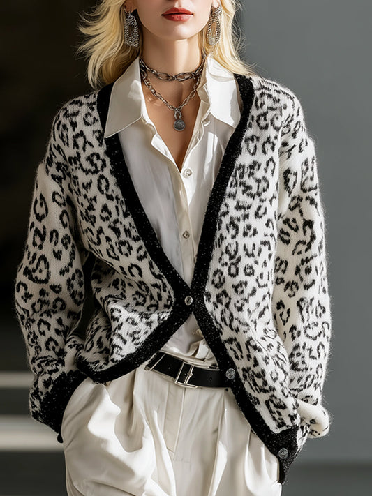 Casual And Fashionable White Leopard Print Button Cardigan