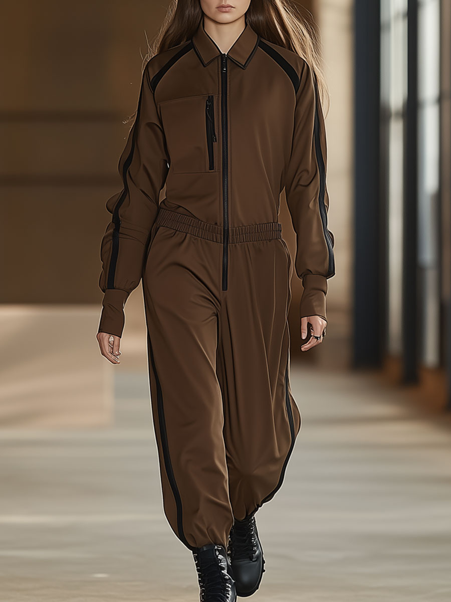 Casual Retro Black Trim Cocoa Brown Elastic Waist Jumpsuit