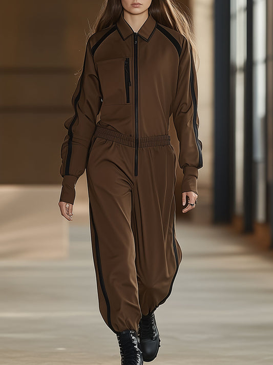 Casual Retro Black Trim Cocoa Brown Elastic Waist Jumpsuit
