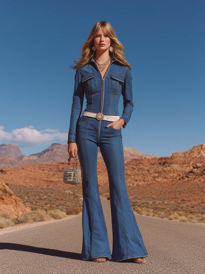 Blue Denim Long-sleeved Zippered Flared Jumpsuit