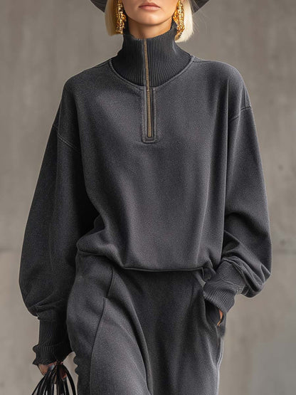 Casual Loose Fashion High Collar Front Zipper Dark Gray Sweatshirt And Skirt Set