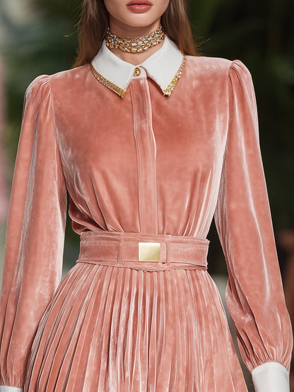 Elegant And Fashionable Pink Velvet Lapel Pleated Mini Dress